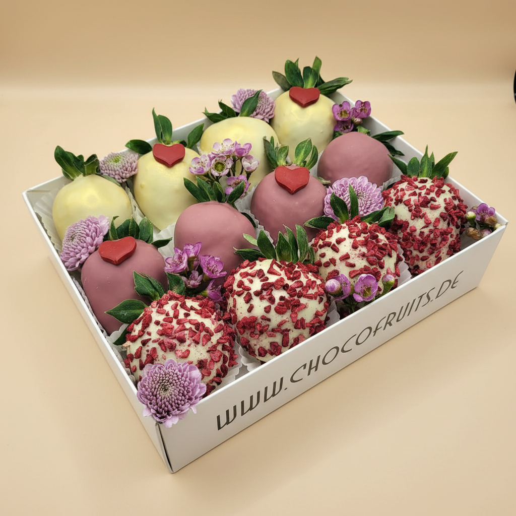 Velvet Romance Erdbeeren Box mit Shop-Hintergrund