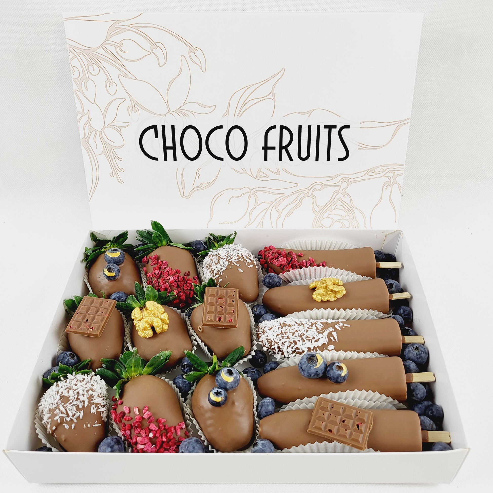 Schokolade, Erdbeeren, Banane, Kokos, Walnuss, Himbeeren, Heidelbeeren, Frisch, Lecker, Vollmilchschokolade, Weiße Schokolade, Zartbitterschokolade, Vegan, Geschenkidee, Versand